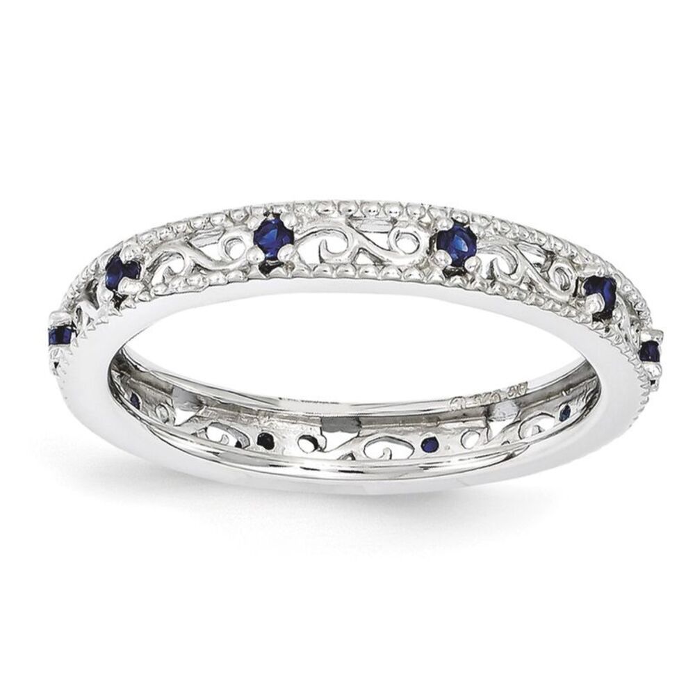3mm Sterling Silver Stackable Created Sapphire Scroll Band Size 10